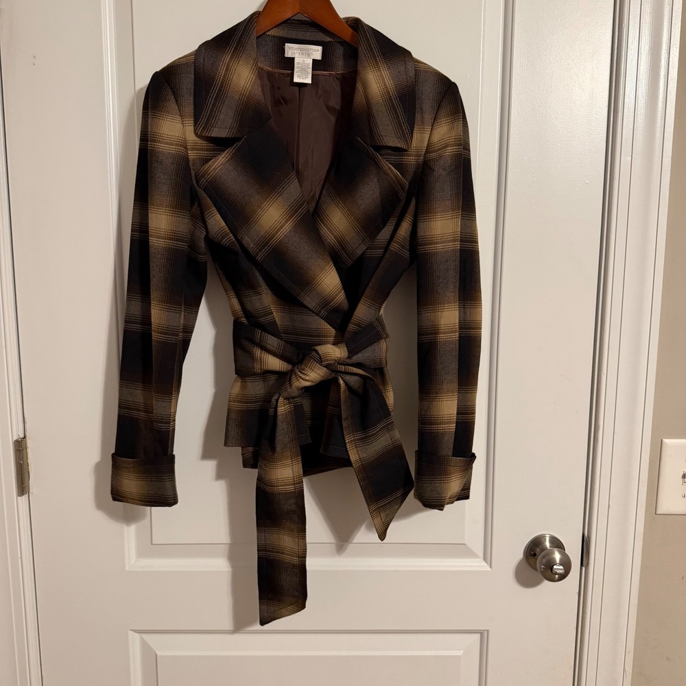 Worthington Stretch Plaid Wrap Jacket Brown Tan Belted Blazer Womens 10